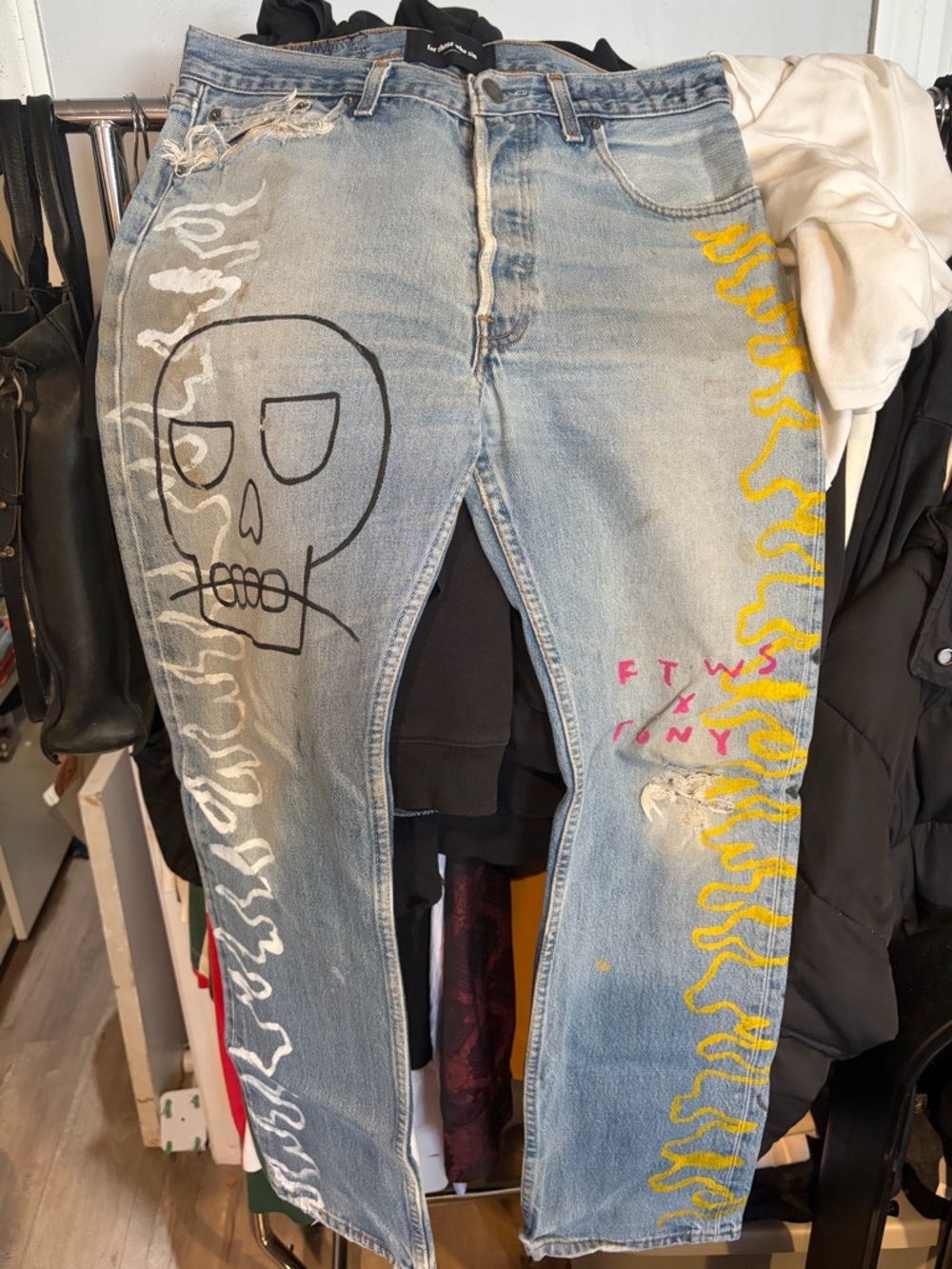 FTWS FOR THOSE WHO SIN 1/1  Graphic Jeans with Skull & Flame Accents